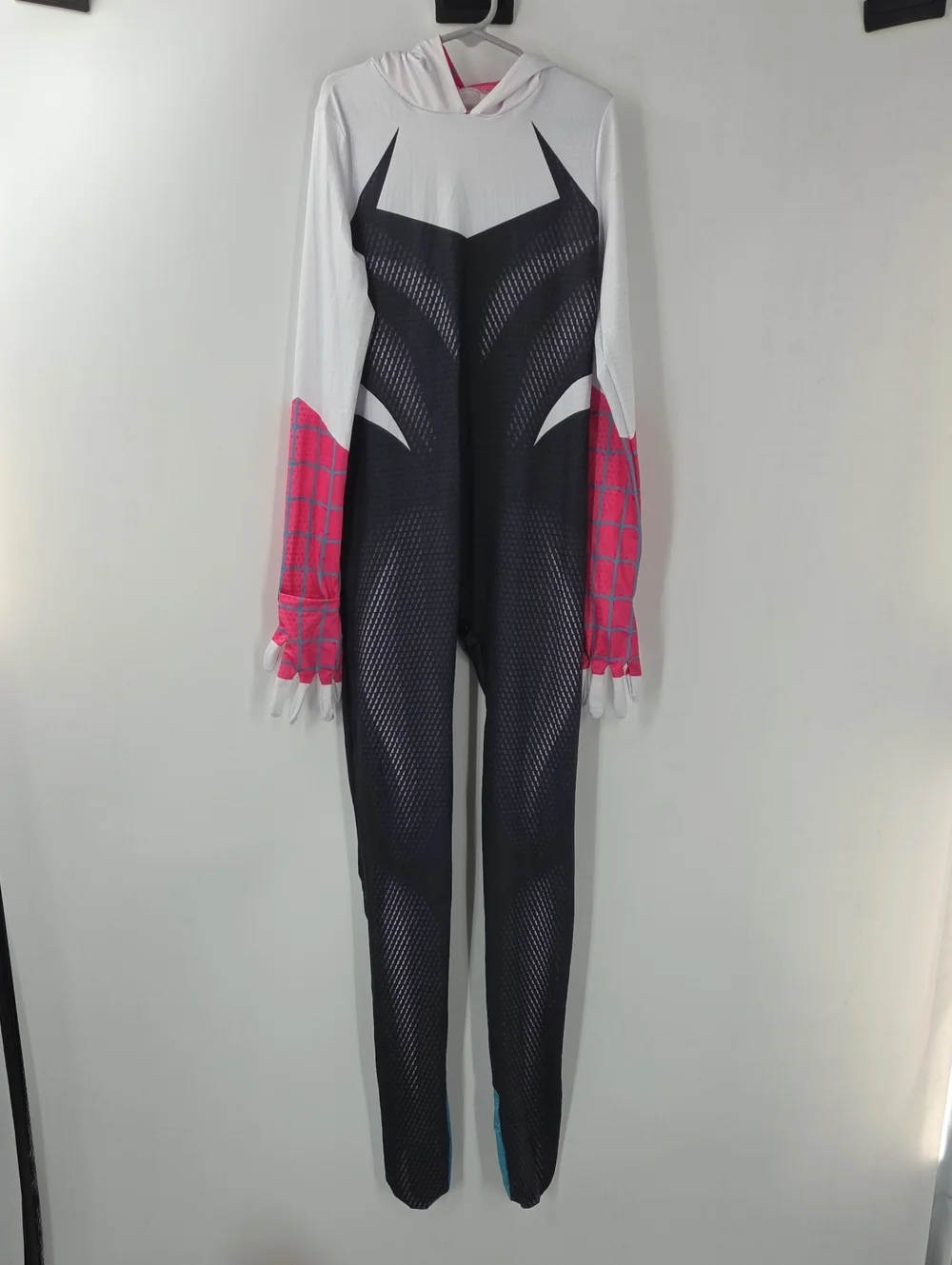 Spider Gwen Kids Superhero Hooded Jumpsuit in White, Black and Pink Size L